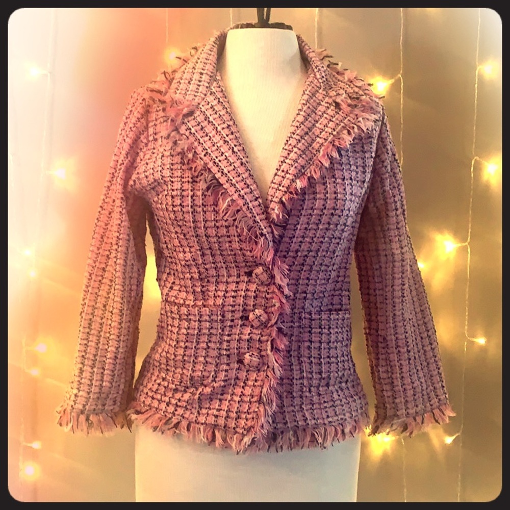 Tweed style blazer with fringed edges.